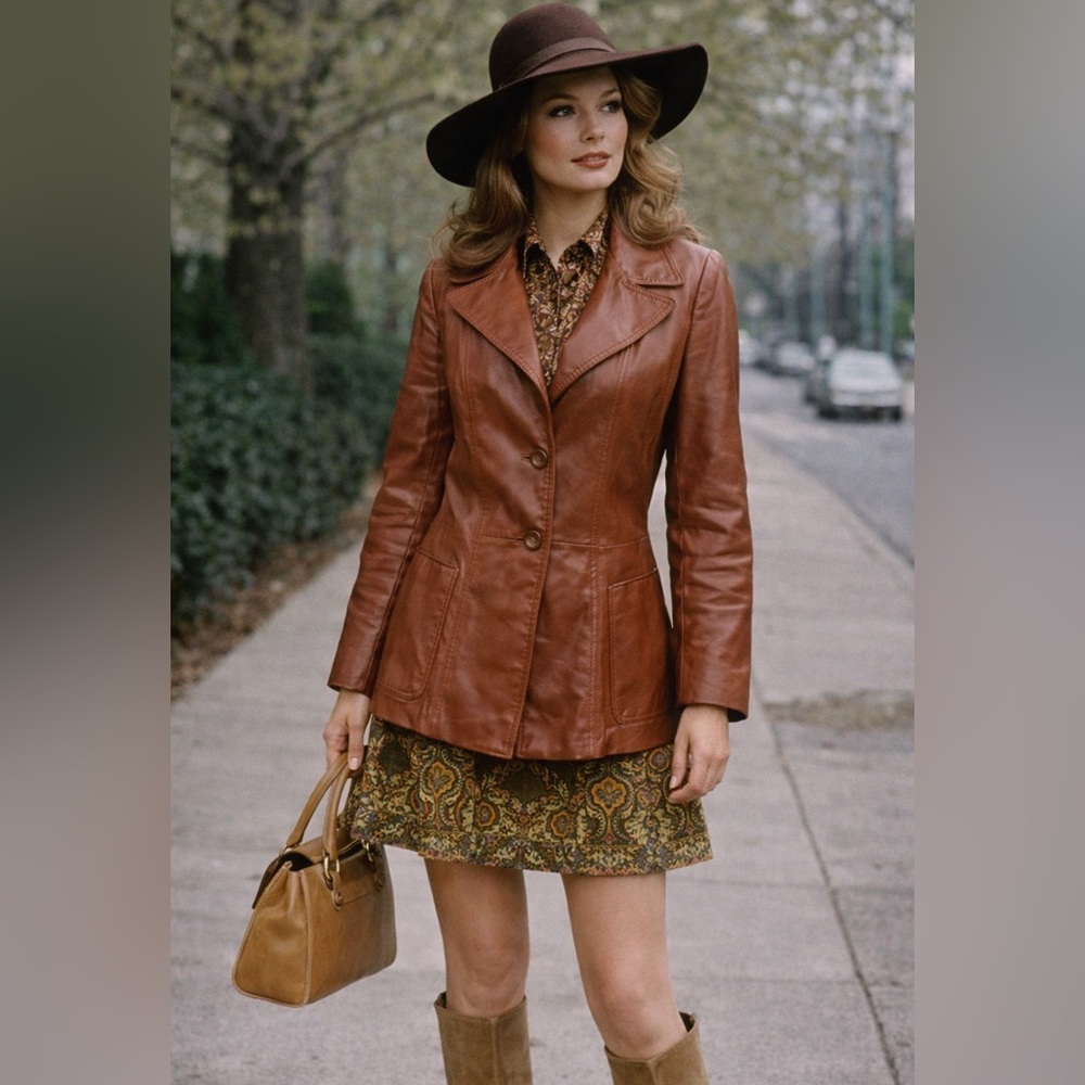 Vintage 70s Berman’s Sienna Brown Groovy Mod Leather Blazer Jacket, Size S-M